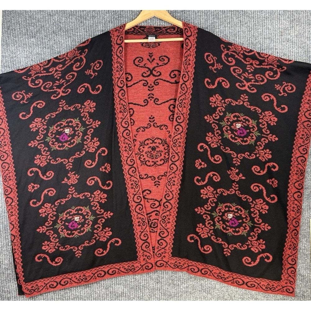 Novica Women's Alpaca Wool‎ Poncho Reversible Cardigan Sweater Artwear Boho Folk